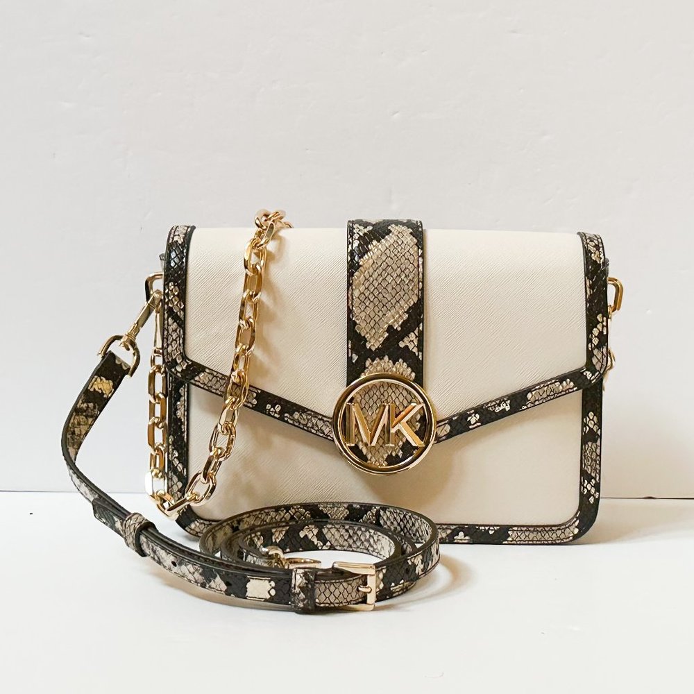 Michael Kors Carmen Medium Flap Shoulder Crossbody Bag Exotic Accent Light Cream